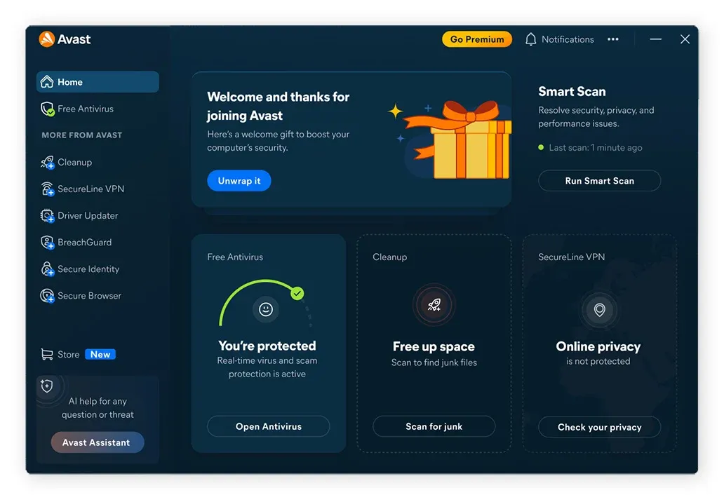 Avast dashboard showing protection status and Smart Scan