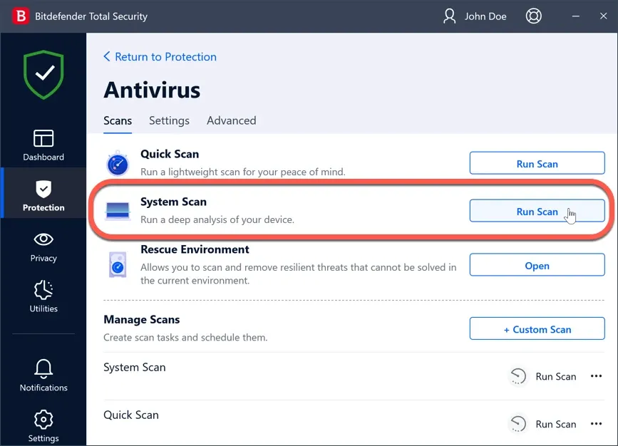 Bitdefender Total Security dashboard showing protection status and quick actions