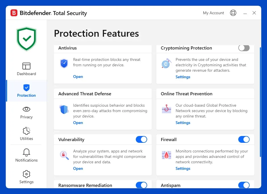 Bitdefender Vulnerability Scan dashboard showing software updates and security recommendations