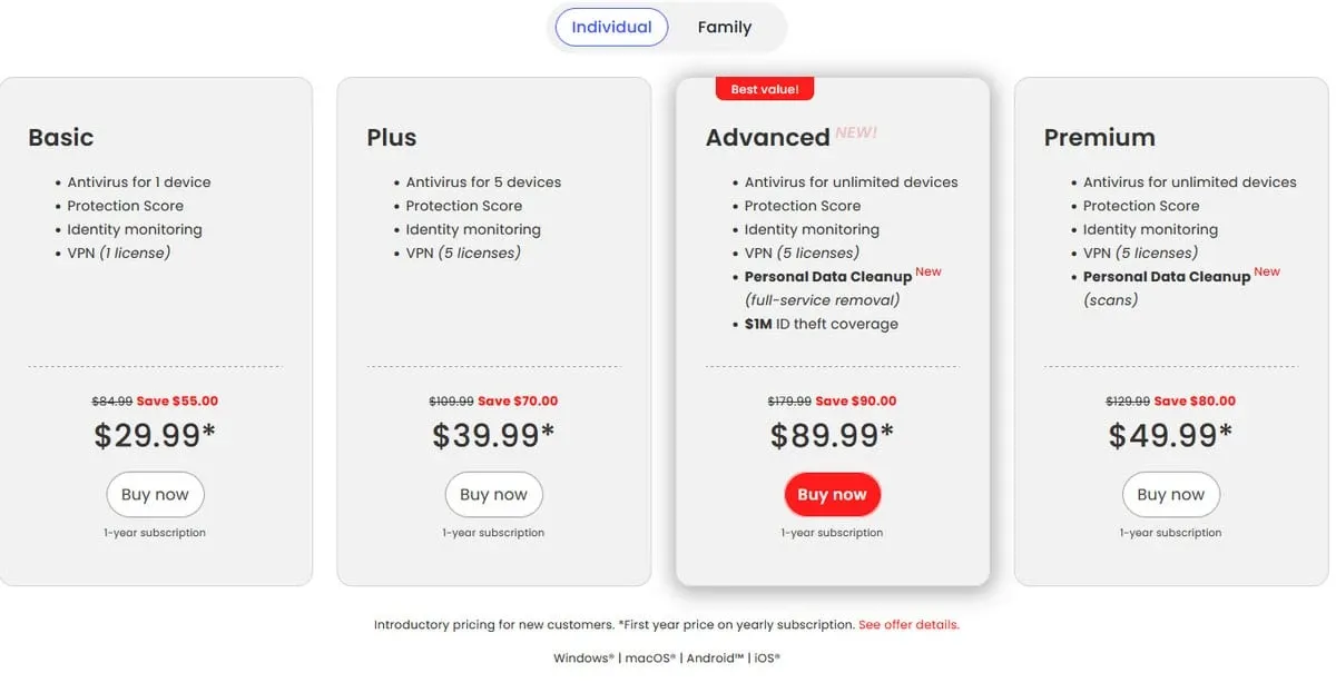 McAfee plan comparison with pricing and device limits