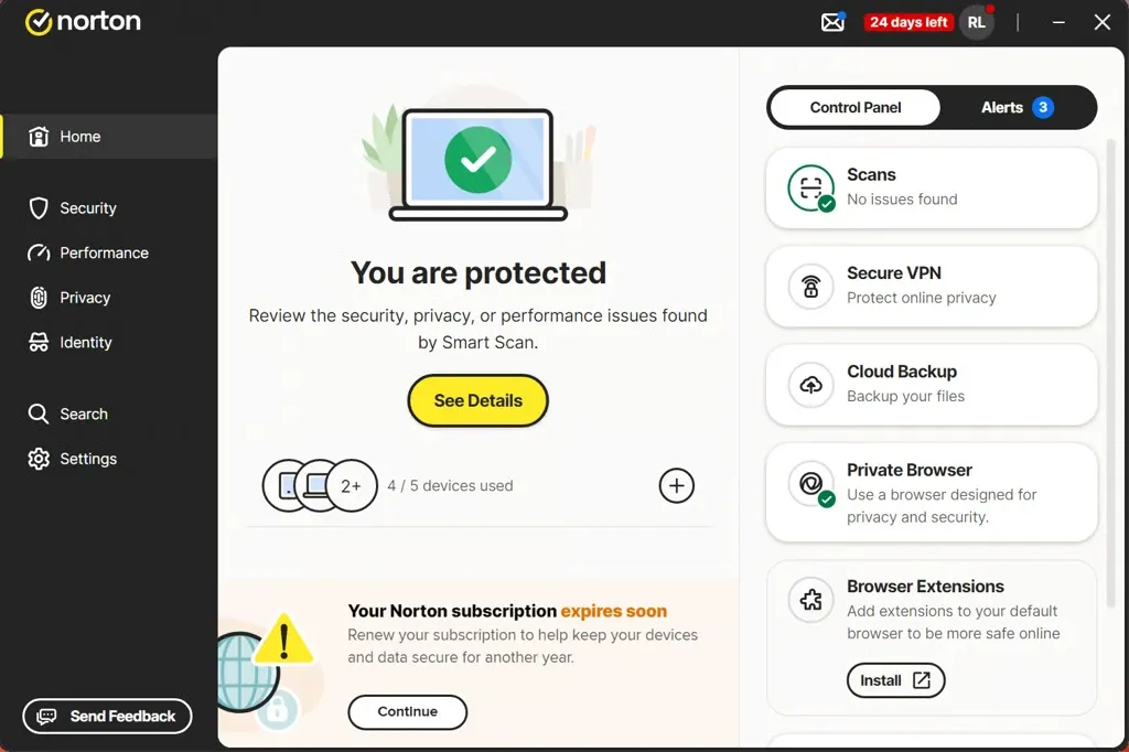 Norton 360 dashboard showing device security status and scan options